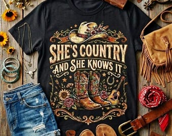 Country Song Shirt • She’s Country Tee • Southern Girl Graphic Tee • Country Music Shirt • Nashville Outfit • Western Cowgirl Top
