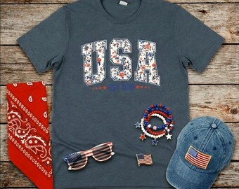 USA Floral Embroidered Look Shirt • Patriotic Tee • Est. 1776 Graphic • Red White Blue Flowers • Fourth of July Shirt • Americana Summer Top