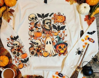 Camiseta de manga larga con calavera y calabaza de Halloween • Camiseta espeluznante con estampado floral de otoño • Gráfico de fantasma y Frankenstein • Camiseta con estética otoñal • Acogedora y de temporada