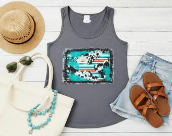 Camiseta sin mangas abstracta del suroeste para mujer – Camiseta sin mangas con gráfico turquesa óxido – Camisa bohemia de verano estilo western – Top sin mangas con aires artísticos del desierto