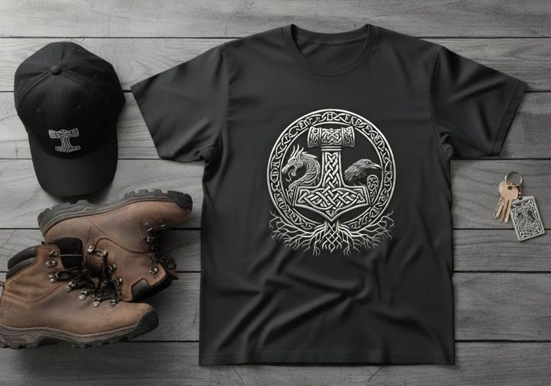 Viking Mjölnir Shirt • Norse Mythology Tee • Thor’s Hammer T‑Shirt • Nordic Knotwork Graphic • Odin Raven Dragon Shirt Pagan Viking Apparel image 1