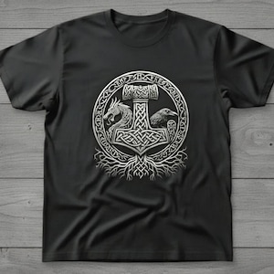 Viking Mjölnir Shirt • Norse Mythology Tee • Thor’s Hammer T‑Shirt • Nordic Knotwork Graphic • Odin Raven Dragon Shirt Pagan Viking Apparel image 4