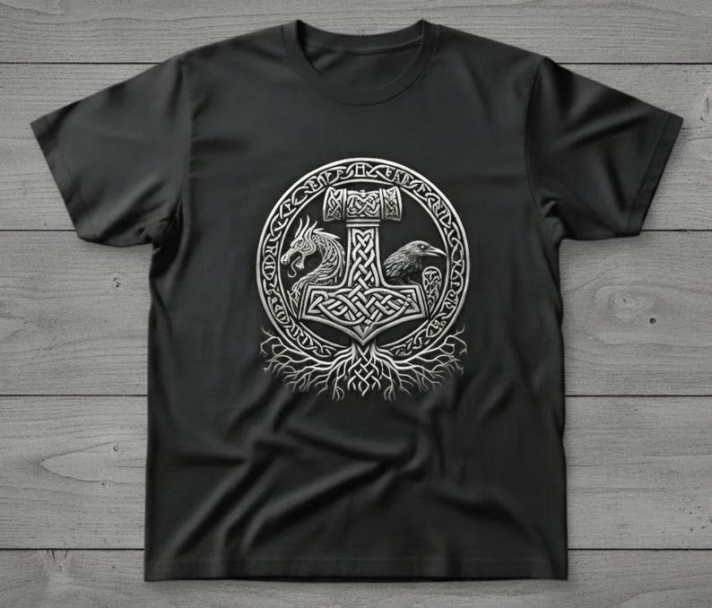 Viking Mjölnir Shirt • Norse Mythology Tee • Thor’s Hammer T‑Shirt • Nordic Knotwork Graphic • Odin Raven Dragon Shirt Pagan Viking Apparel image 4