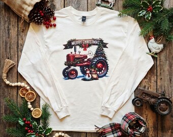 Långärmad skjorta med traktor och julmotiv – vintage bondgårdsskjorta, rustik lantlig julsnögubbe och julgransgrafik, unisex vinter
