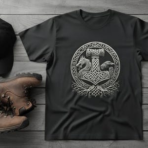 Viking Mjölnir Shirt • Norse Mythology Tee • Thor’s Hammer T‑Shirt • Nordic Knotwork Graphic • Odin Raven Dragon Shirt Pagan Viking Apparel image 9