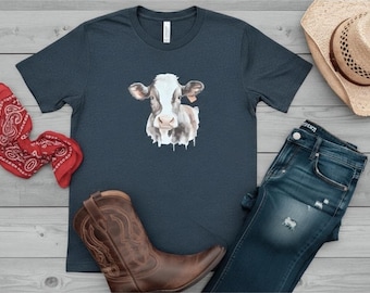 Akvarell ko-tröja för kvinnor, gårdsgrafik-t-shirt, lantlig ko-tryckt t-shirt, rustik topp med bondgårdsliv, boho ranch-t-shirt, present till koälskare