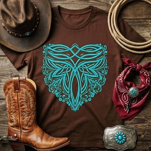 May include: A brown t-shirt with a turquoise ornamental design, cowboy hat, boots, a red bandana, a silver belt buckle with turquoise accents, and a rope on a wooden surface. Western-themed apparel and accessories.