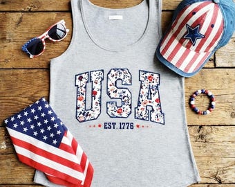 Camiseta sin mangas patriótica floral de EE. UU. • Camiseta Est. 1776 • Camiseta para mujer del 4 de julio • Camiseta con estampado floral americano • Conjunto de verano para barbacoa Independencia