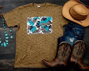 Leopard Print T‑Shirt for Women, Turquoise Abstract Graphic Tee, Western Boho Leopard Shirt, Brown Animal Print Top, Trendy Boutique Tee