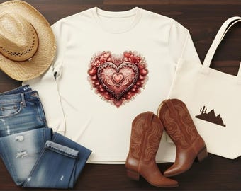 Layered Heart Long Sleeve Shirt • Ornate Valentine Heart Tee • Romantic Boho Heart Top • Red Pink Burgundy Heart Graphic Shirt • Cute Love