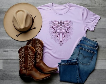 Chemise au point de botte western • T-shirt graphique bohème cow-girl • Haut brodé coeur tribal • T-shirt esthétique western rodéo • Tenue de concert country