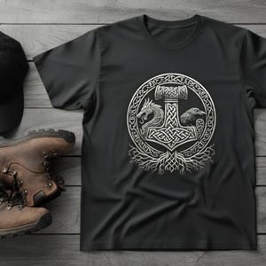 Viking Mjölnir Shirt • Norse Mythology Tee • Thor’s Hammer T‑Shirt • Nordic Knotwork Graphic • Odin Raven Dragon Shirt Pagan Viking Apparel image 14