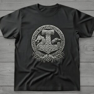 Viking Mjölnir Shirt • Norse Mythology Tee • Thor’s Hammer T‑Shirt • Nordic Knotwork Graphic • Odin Raven Dragon Shirt Pagan Viking Apparel image 12