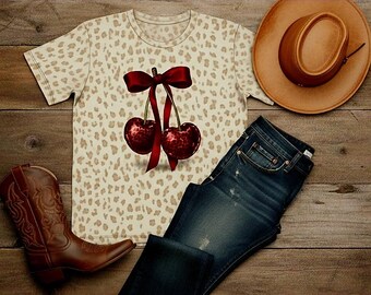 Leopardmönstrad körsbärsskjorta • Retro T-shirt med körsbärsrosett • Söt T-shirt med körsbärsmönster • Trendig estetisk T-shirt • Y2K-fruktskjorta • Damt-T-shirt med grafik