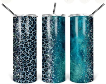 Glitter Leopard Print Tumbler - Teal Blue Insulated Stainless Steel 30 oz