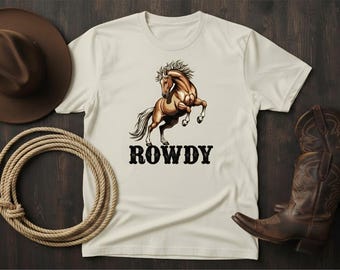 Camiseta de caballo occidental ROWDY • Camiseta con gráfico de vaquero • Camiseta de rodeo campestre • Camiseta rústica de rancho • Camiseta vaquera occidental • Regalo para amantes de los caballos •