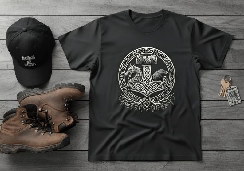 Viking Mjölnir Shirt • Norse Mythology Tee • Thor’s Hammer T‑Shirt • Nordic Knotwork Graphic • Odin Raven Dragon Shirt Pagan Viking Apparel image 11
