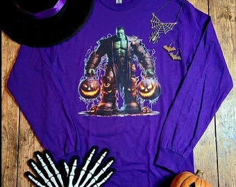 Camiseta de manga larga de Halloween de Frankenstein • Camiseta con estampado de monstruo espeluznante • Camiseta de terror unisex • Camiseta brillante de calabaza de Halloween • Atuendo espeluznante de otoño