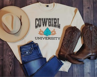 Cowgirl University Sweatshirt • Western Graphic Crewneck • Turquoise Cowgirl Spade Sweater • Country Rodeo Aesthetic • Rustic Boho Cowgirl