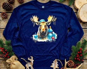 Långärmad t-shirt med älg och julmotiv | Vinterhelgsdjursgrafik | Festlig älgskjorta | Rustik jult-t-shirt med mysig högtid