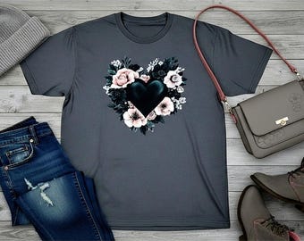 Gothic Blumen Herz Shirt • Dunkles romantisches ästhetisches T-Shirt • Schwarzes Herz Rose Grafik T-Shirt • Weiches Grunge Shirt • Alternative Boho Floral Top