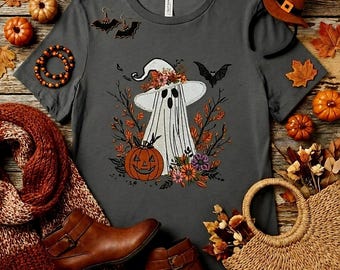 Camiseta de Halloween con fantasma y sombrero de bruja • Camiseta espeluznante con estampado floral de otoño • Camiseta con estampado de fantasma y calabaza