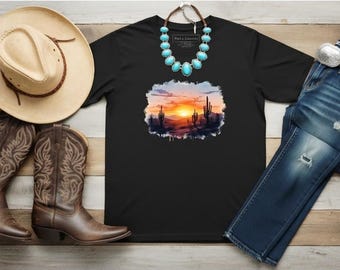 Desert Dreams Cactus Sunset-skjorta • Western Boho Graphic-tröja • Southwestern Desert Landscape-tröja • Lantlig västerländsk estetisk topp •