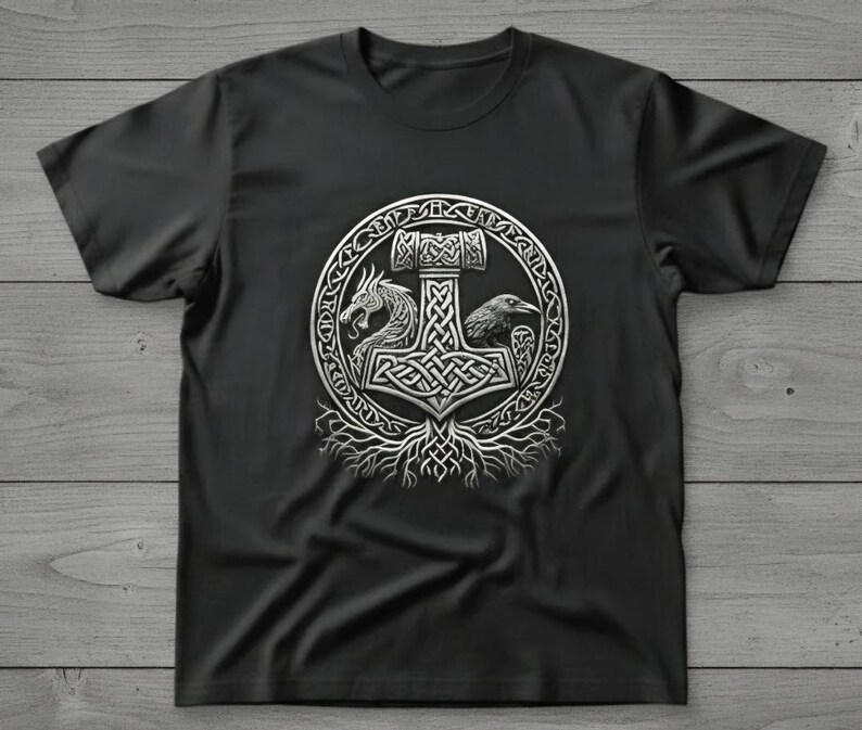 Viking Mjölnir Shirt • Norse Mythology Tee • Thor’s Hammer T‑Shirt • Nordic Knotwork Graphic • Odin Raven Dragon Shirt Pagan Viking Apparel image 15