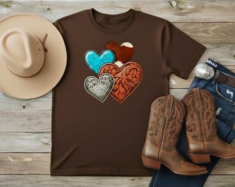 Camiseta Western Hearts Graphic • Camiseta de cuero turquesa repujado con corazón • Camiseta Country Rodeo Boho • Camiseta rústica de San Valentín • Marrón o beige