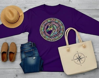 Colorful Horse Mandala Long Sleeve Shirt • Western Boho Horse Lover Tee • Vibrant Stained Glass Style Graphic • Country Cowgirl Long Sleeve