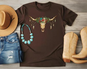 Boho Longhorn Skull Shirt • Western Cow Skull Tee • Floral Desert Graphic Tee • Southwestern Boho T-Shirt • Country Rodeo Outfit Top