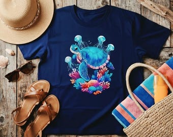 Camiseta de tortuga marina neón • Camiseta con estampado oceánico • Camiseta de medusas y arrecifes de coral • Regalo de vida marina • Ropa de playa costera • Top de tortuga colorido
