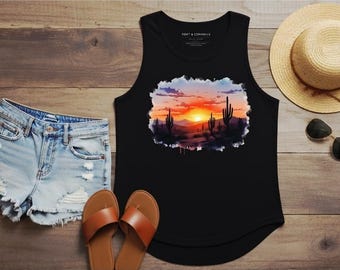 Linne med sydvästlig ökensolnedgång • Linne med kaktusgrafik i västerländskt boho-mönster • T-shirt med färgglad solnedgång och naturmotiv