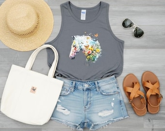 Camiseta sin mangas con cabeza de caballo floral para mujer • Camiseta bohemia para amantes de los caballos occidentales • Camiseta con gráfico de caballo colorido y natural • Regalo para vaquera campestre