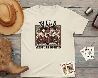 Vilda västerländska nätter-skjorta • T-shirt med vintage-motiv för saloonflicka • T-shirt med westerngrafik • Estetisk cowgirl-skjorta • Retro rodeo-skjorta • Countrykonsert