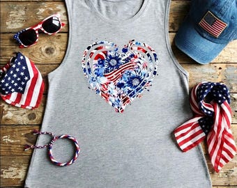 Patriotic Floral Heart Tank Top • Red White Blue Americana Shirt • Women’s Summer Graphic Tee • 4th of July Outfit • USA Pride Top