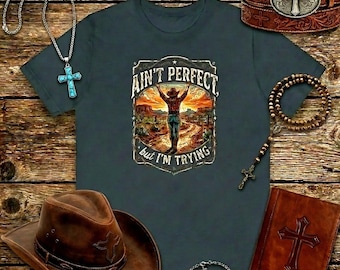 Camiseta "Manos arriba, no es perfecto, pero lo intento" • Camiseta gospel vaquera • Camiseta gráfica cristiana de música country • Camiseta de fe western • Alabanza rústica