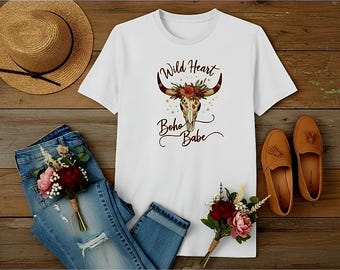 Wild Heart Boho Babe Shirt • Front & Back Graphic Tee • Western Boho Dreamcatcher Shirt • Cow Skull Floral Tee • Country Festival Outfit •