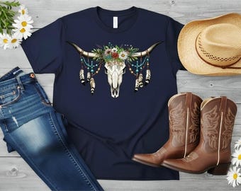 Boho Bull Skull Floral Shirt • Western Cow Skull Tee • Country Boho Graphic Tee • Desert Floral Cowgirl Shirt • Southwestern Aesthetic Top •