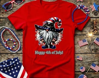 Patriotisk 4 juli-tröja med gnome • T-shirt med amerikansk flagga och gnome • T-shirt med grafisk design för självständighetsdagen • Americana-sommartopp • Söt 4 juli-outfit