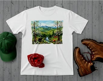 Camiseta de vida silvestre de primavera de las Montañas Blue Ridge • Camiseta de naturaleza escénica con oso, ciervo y zorro • Gráfico de cascada de bosque exuberante • Regalo para amantes de la naturaleza