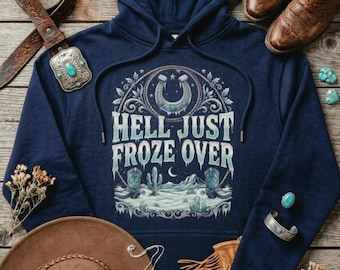 Countrymusik Western Hoodie • Hell Just Frue Over • Cowboy Desert Grafik • Countrykonsert Outfit • Rustik Western Hoodie • Mysig