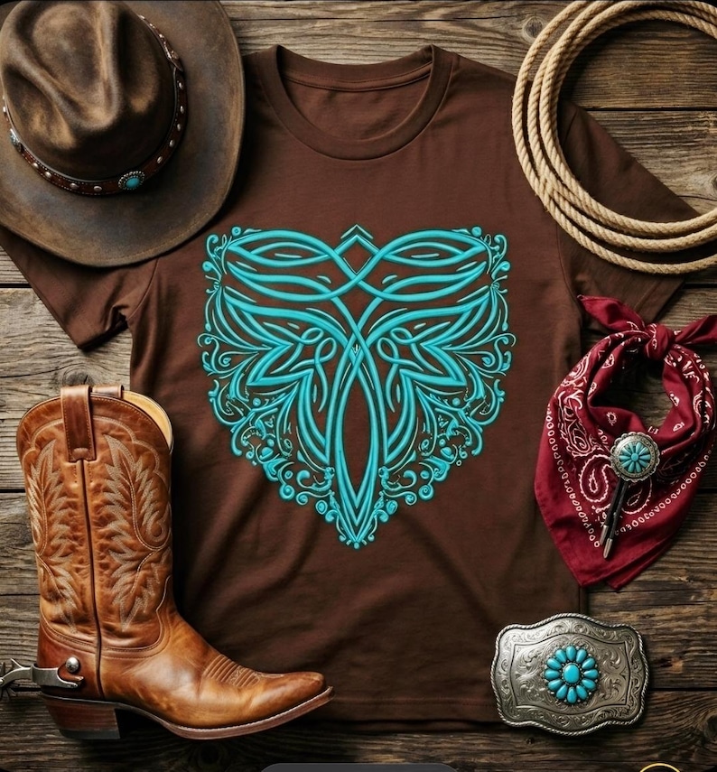 May include: A brown t-shirt with a turquoise floral design, cowboy boots, a cowboy hat, a red bandana, a silver belt buckle with turquoise accents, and a rope on a wooden surface. Western-themed apparel.