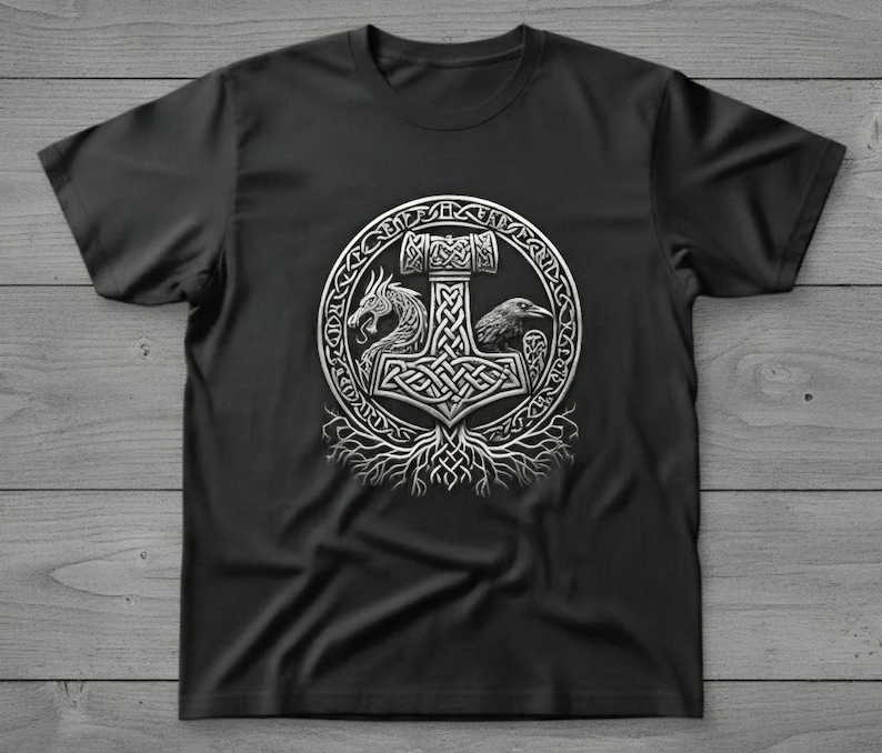 Viking Mjölnir Shirt • Norse Mythology Tee • Thor’s Hammer T‑Shirt • Nordic Knotwork Graphic • Odin Raven Dragon Shirt Pagan Viking Apparel image 17