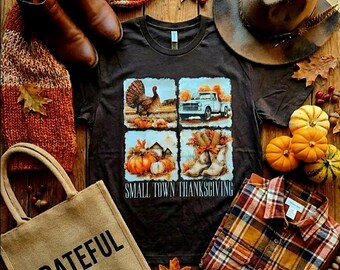 Camiseta de Acción de Gracias de pueblo pequeño • Camiseta rústica de otoño campestre • Gráfico de granja otoñal • Camiseta de Acción de Gracias del Oeste con pavo, calabazas, granero y camión