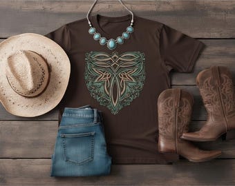 Chemise graphique au point de botte avec style • T-shirt au point western • Chemise de rodéo country • T-shirt graphique bohème cow-girl • Haut esthétique western rustique