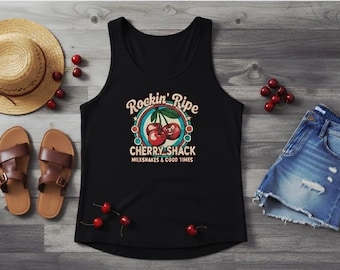 Retro linne med Cherry Shack • T-shirt med rockiga mogna körsbär • Estetisk vintage-topp med middagsmotiv • Sött sommarlinne • Milkshakes och goda tider