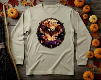 Camiseta de manga larga gótica con estampado floral de murciélagos y luna para Halloween • Camiseta vintage espeluznante de otoño • Gráfico otoñal de bruja • Camiseta unisex cómoda de temporada