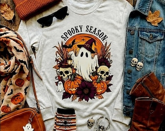 Camiseta de fantasmas para la temporada de Halloween • Camiseta de manga larga con temática de brujas para Halloween • Camiseta de fantasmas para otoño • Camiseta espeluznante y linda • Top retro de Halloween • Camiseta con estética otoñal