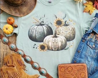 Camiseta de calabaza de otoño • Camiseta de calabaza ornamentada • Camiseta de girasol de otoño • Camiseta rústica de otoño estilo western • Camiseta de calabaza de Acción de Gracias